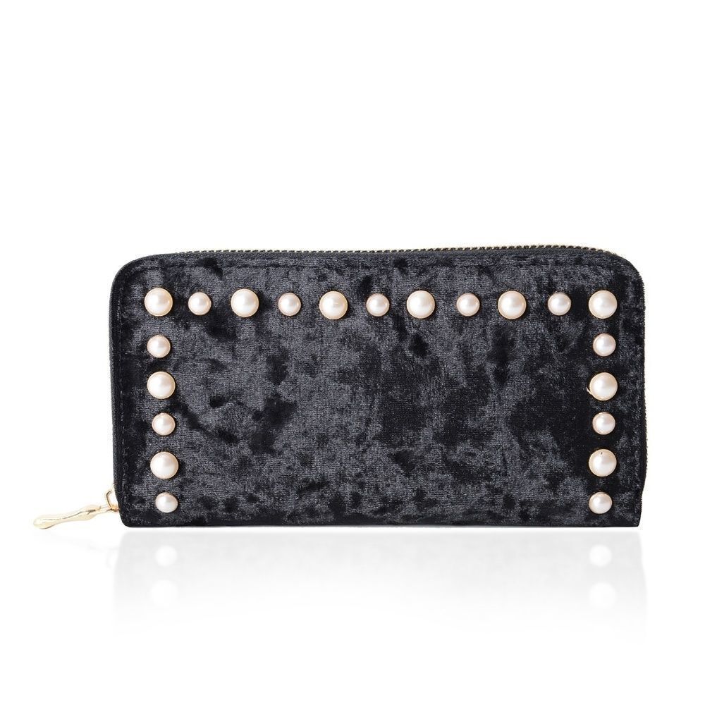 Wallet RFID Black Velvety Simulated Pearls